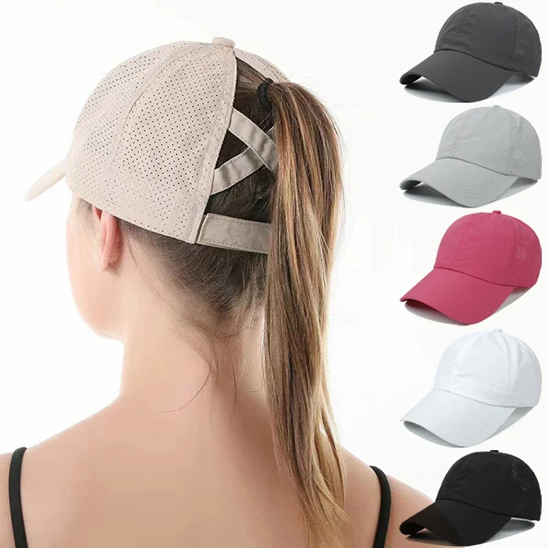 Solid Color Baseball Caps Golf Wear Women Sport Leisure Cross Ponytail Hat...