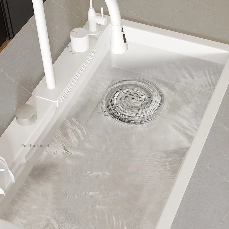 Nano Multifunction White Kitchen Sink Waterfall Faucet Large Single Bowl Wash Basin Cup Washer Pure Tap Soap Dispenser SUS304