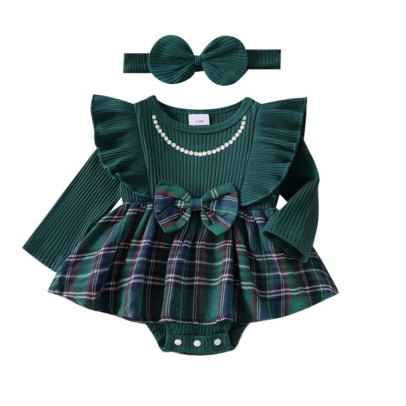 Newborn Baby Girls Autumn Clothes Long Sleeve Ruffle Bow Bodysuit Dress  Plaid Print Romper Jumpsuit with Headwear Outfits - AliExpress 1501