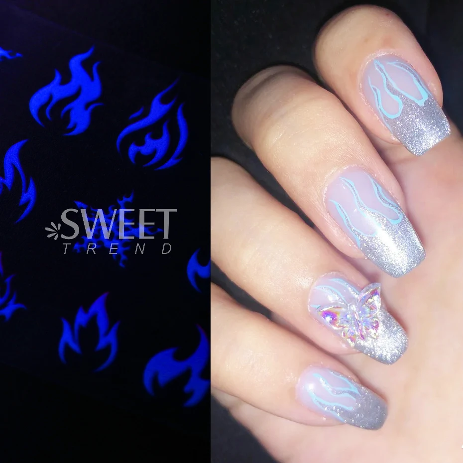 10 Roll/Box Fluorescent Fire Flame Nails Manicure Foils Neon Spark Design Transfer Stickers Halloween Series Starry Parper Decor
