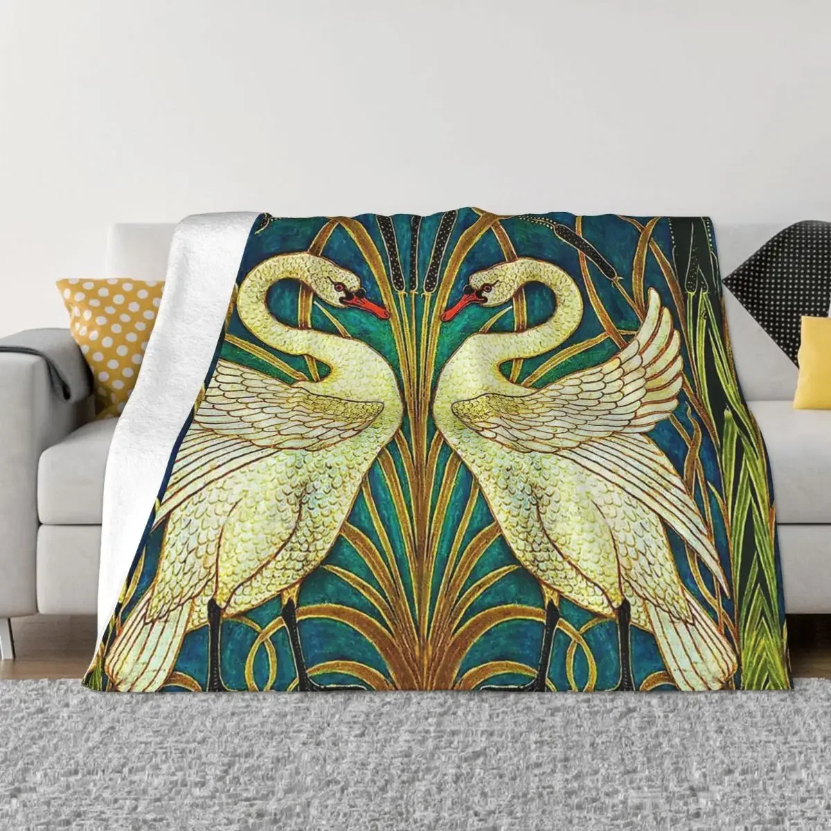 

Animals Art Blanket Flannel Spring Autumn Two White Swans Among Reeds In Blue Nouveau Warm Throws For Winter Bedding
