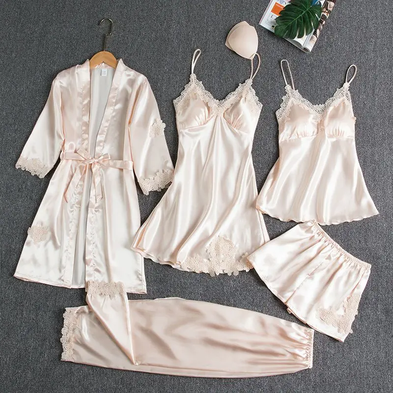 nightgowns Pajamas Women's Summer Sexy dress sets 5 Piece Set of Ice Silk Thin Style Pajamas Spring and Autumn