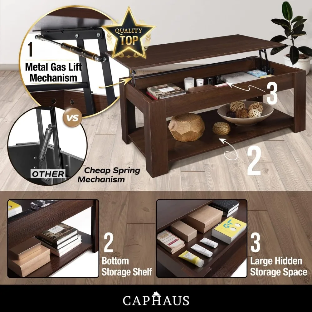 47'' Espresso Lift Top Coffee Table with Hidden Storage Compartment & Lower Shelf, Table Design for Living Room 6