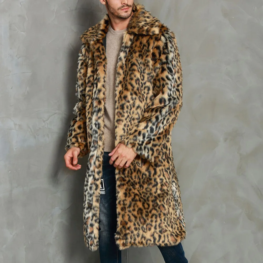 

Autumn Winter New Men Faux Fur Coats Men's Lapel Neck Long Sleeve Imitation Leopard Fur Long Coat Fashion Streetwear Male Coat