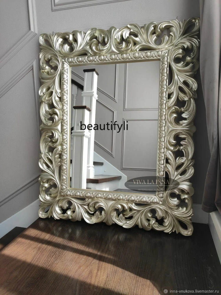 

zq Wall-Mounted Carved Decorative Mirror Retro Bathroom Table Bathroom Mirror European Household Bedroom Dressing Mirror
