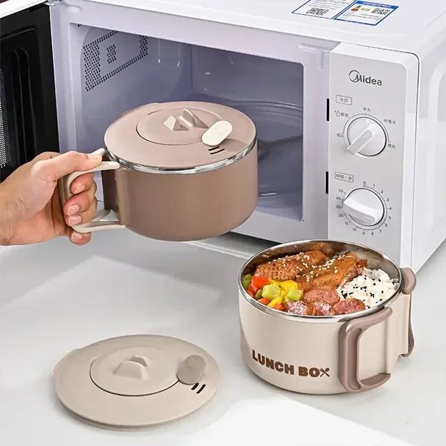 Boîte à lunch micro-ondable en acier inoxydable 304, bol à chaleur avec couvercle, proximité inable, léger avec poignée 1