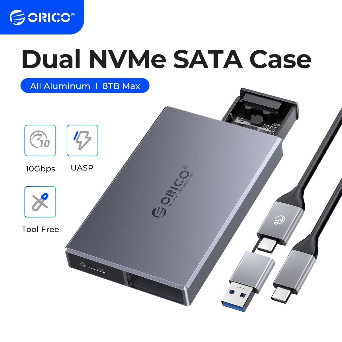 Orico-alumínio Alloy Dual Bay Ssd Case Suporte M.2 Nvme Ssd Disk m Key b & m Key Ssd Ferramenta Gabinete Livre
