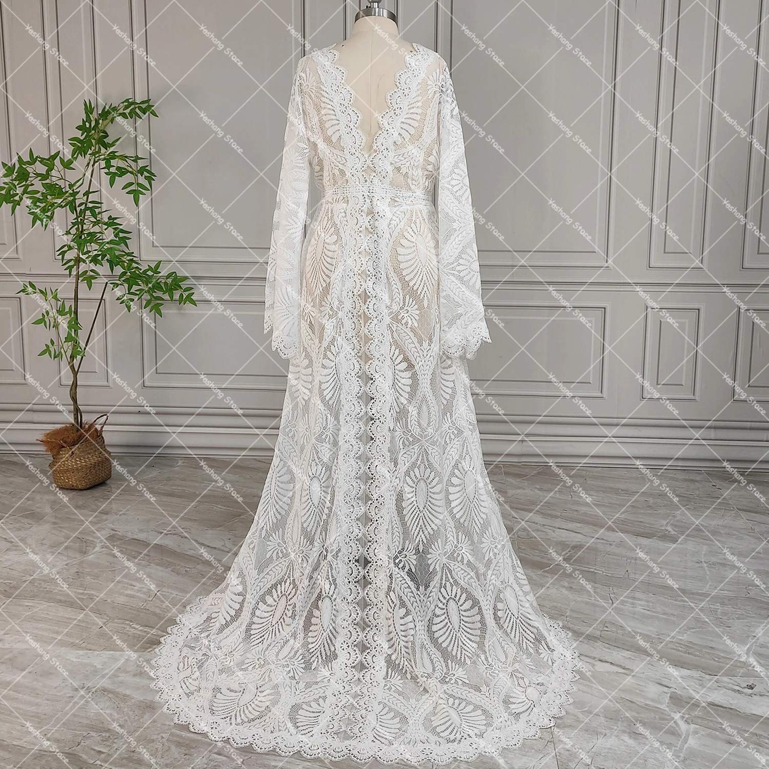 lace up open back dress Sheath Sweep Train Open Back Boho Wedding Dress with Split WD397 US12 / White
