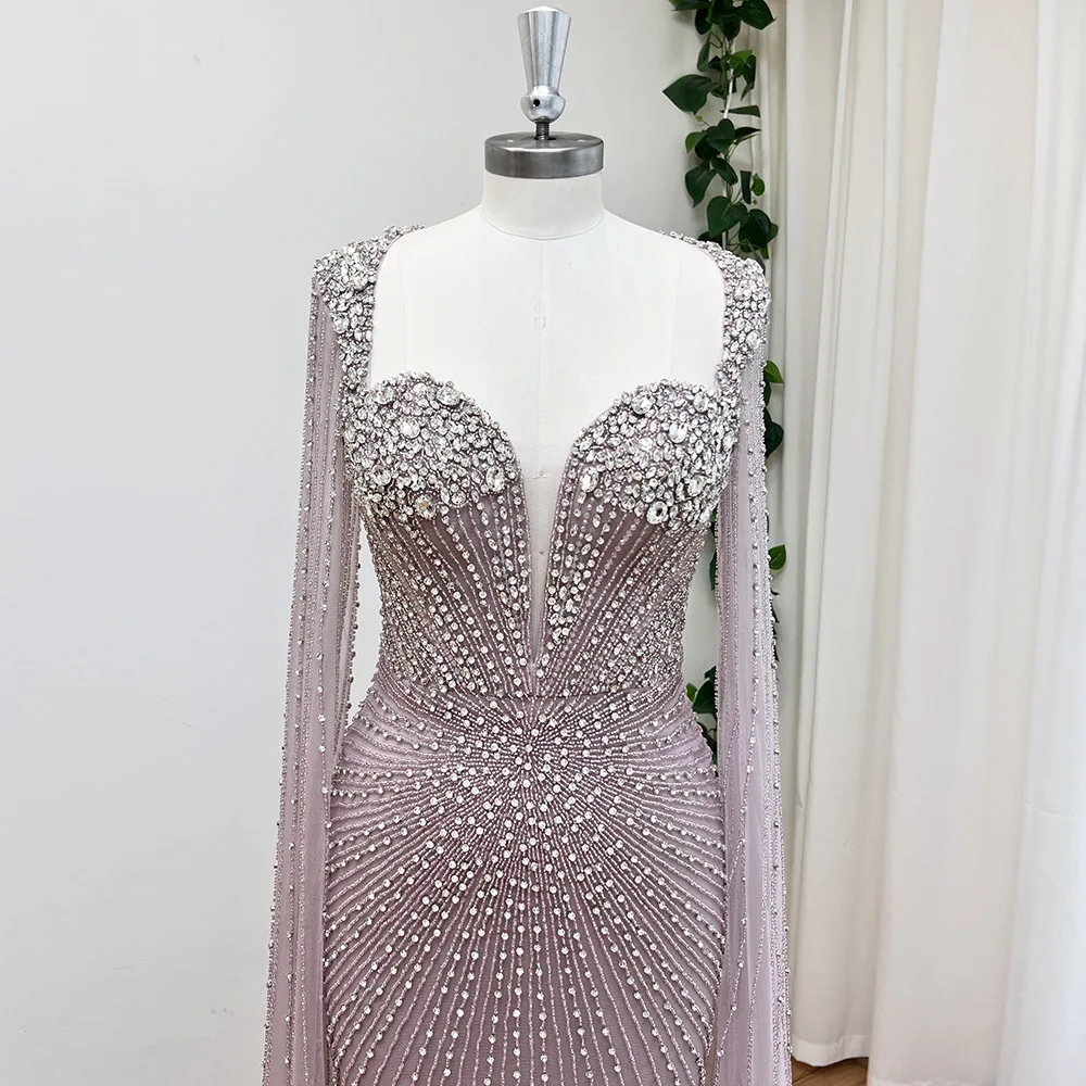 Elegant Mermaid Beads Evening Dress for Women with Cape Sleeves 2025 Luxury Dubai Long Formal Prom Wedding Party Gown Customized 4