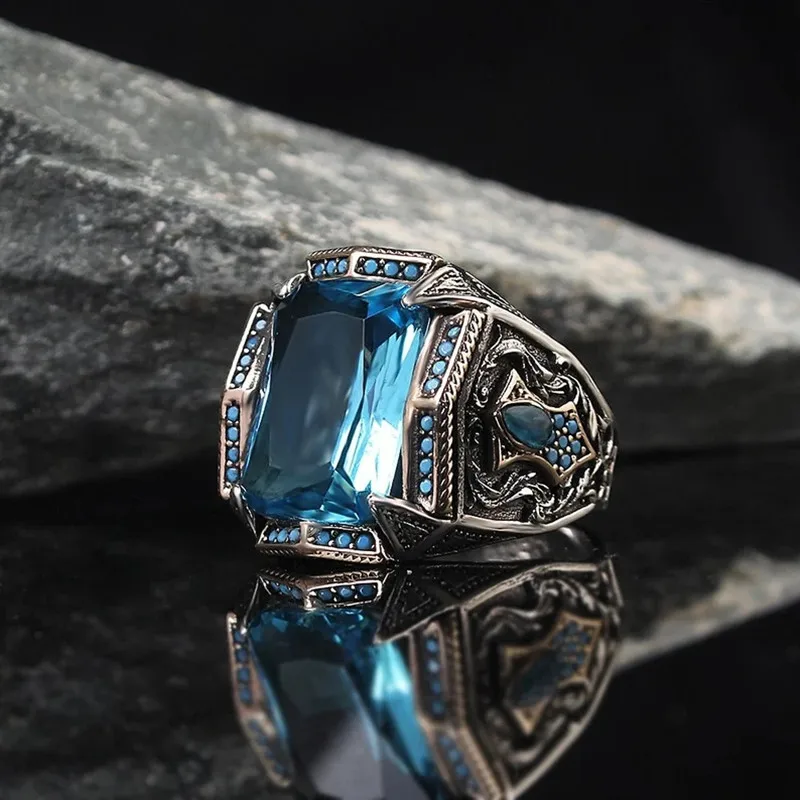 Signet Ring Retro Handmade Turkish Signet Ring For Men Women Ancient Silver Color Carved Ring Inlaid Sky Blue Zircon Punk Motor Biker