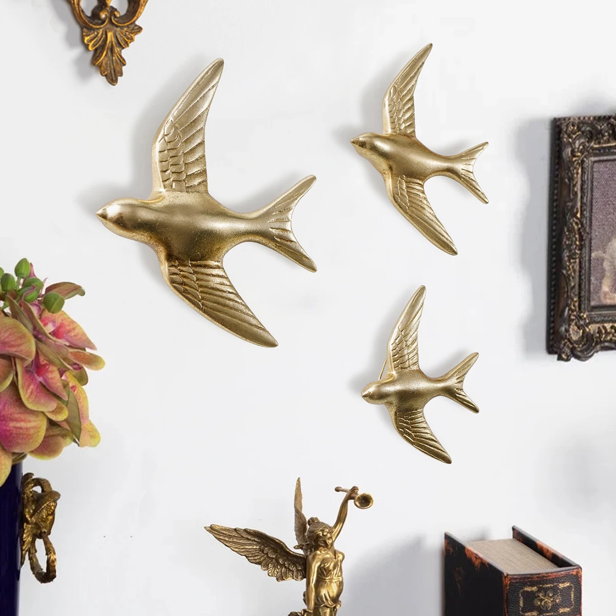 3 pieces, modern and simple white and gold swallow-like pendants spreading their wings in flight