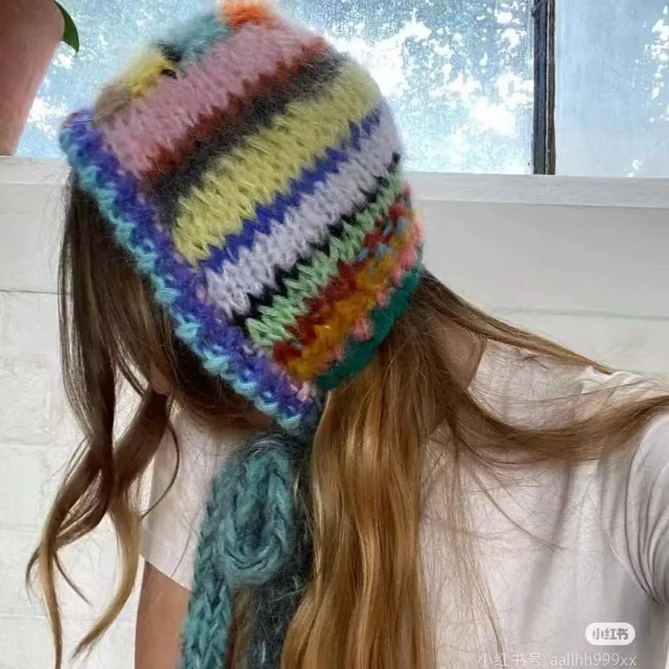New Color Striped Ear Protector Balaclava Hat Winter Hand Crocheted Contrast Color Neck Tie Pullover Bean Cap for Women's 2