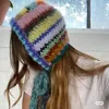 New Color Striped Ear Protector Balaclava Hat Winter Hand Crocheted Contrast Color Neck Tie Pullover Bean Cap for Women's 2