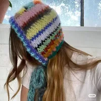 New Color Striped Ear Protector Balaclava Hat Winter Hand Crocheted Contrast Color Neck Tie Pullover Bean Cap for Women's 2