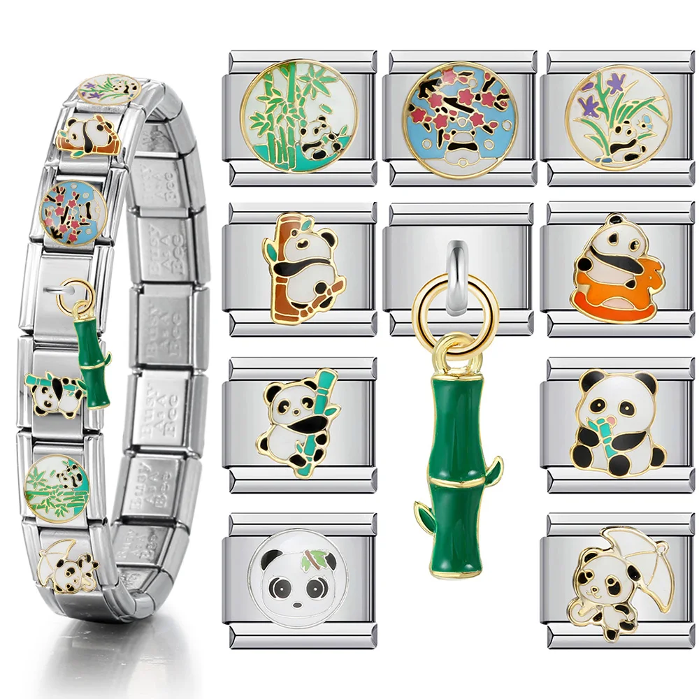 9mm Y2K Cute Panda Italian Charm Bracelet Stainless Steel Elastic Link Chain DIY Making Fashion Jewelry Accessories Wholesale