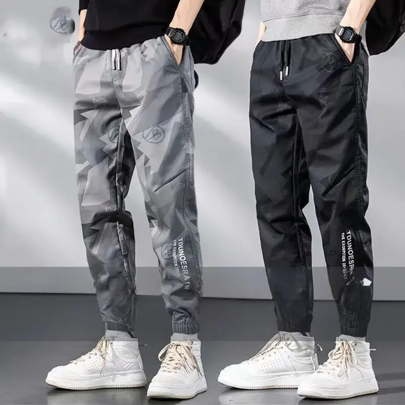 Cool Brown Chinese Button Patchwork Ice Silk Men Crop Pants Summer SA061