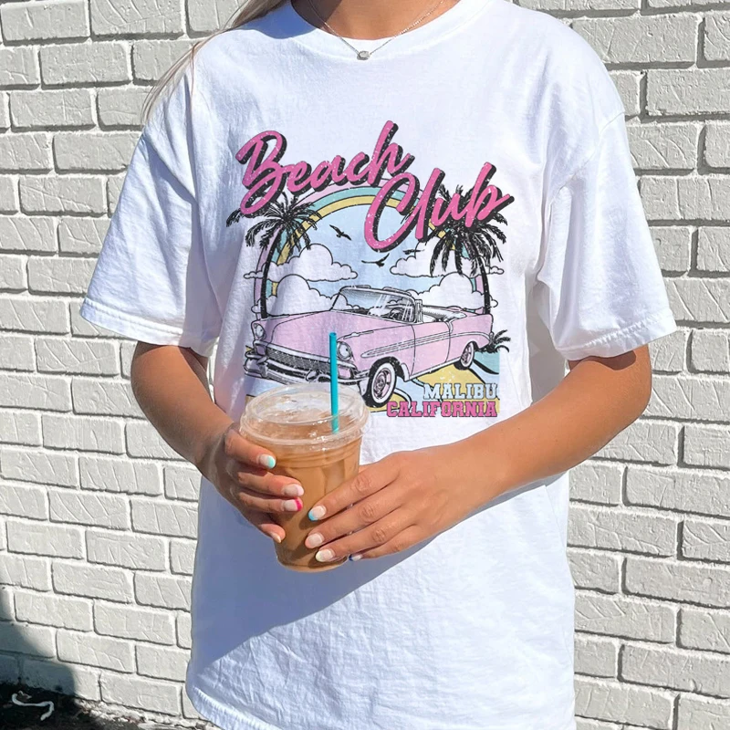 

Malibu Beach Club Summer 90s Retro T-Shirts Women Oversized Trendy Vsco Aesthetic Tee Shirt Cute Vacation Tops Vintage Clothes