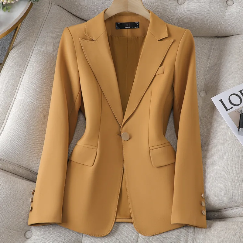 

High Quality Yellow Coffee Black Ladies Single Clasp Blazer Jacket Women Female Solid Long Sleeve Business Work Wear Formal Coat