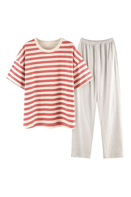 Women Pajama 2 Pcs Sets Cotton T-shirt Elastic Waist Ankle Length Pants Cartoon Plaid Sweet Home Clothes Can wear Outside