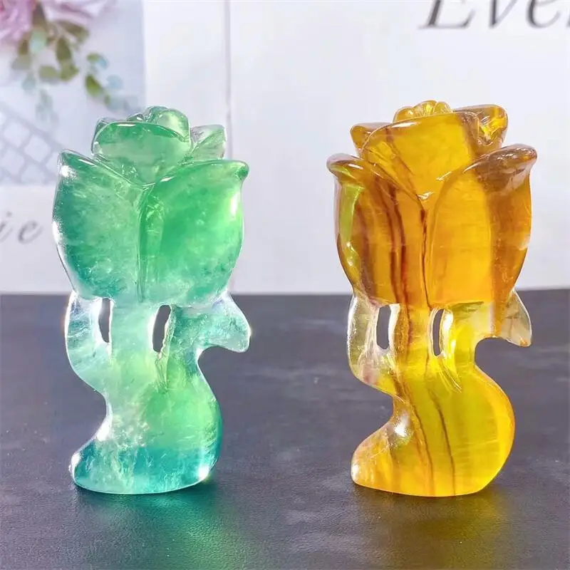 

7.5cm Natural Fluorite Rose Flower Carving Crystal Crafts Children Birthday Present Fashion Home Decoration Gift 1pcs