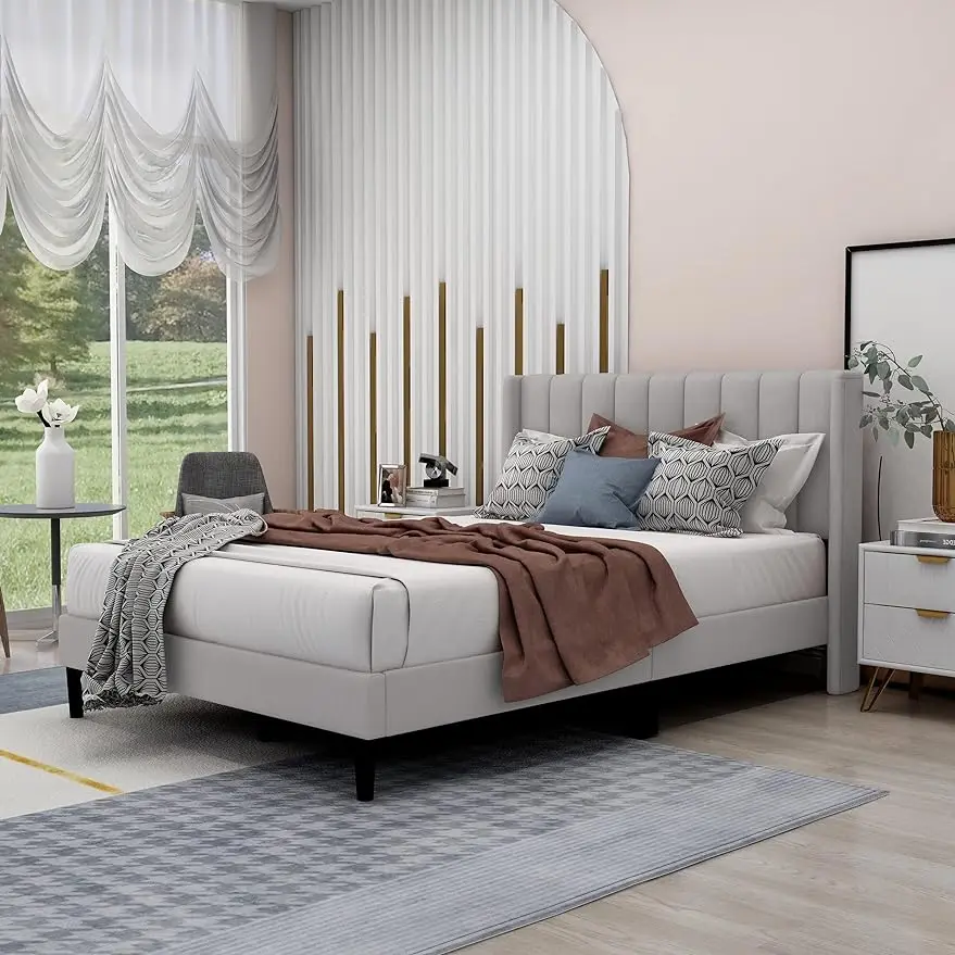 

Full Upholstered Platform Bed Frame with Headboard, Mattress Foundation, Wood Slat Support, Quiet, no Box Spring Needed