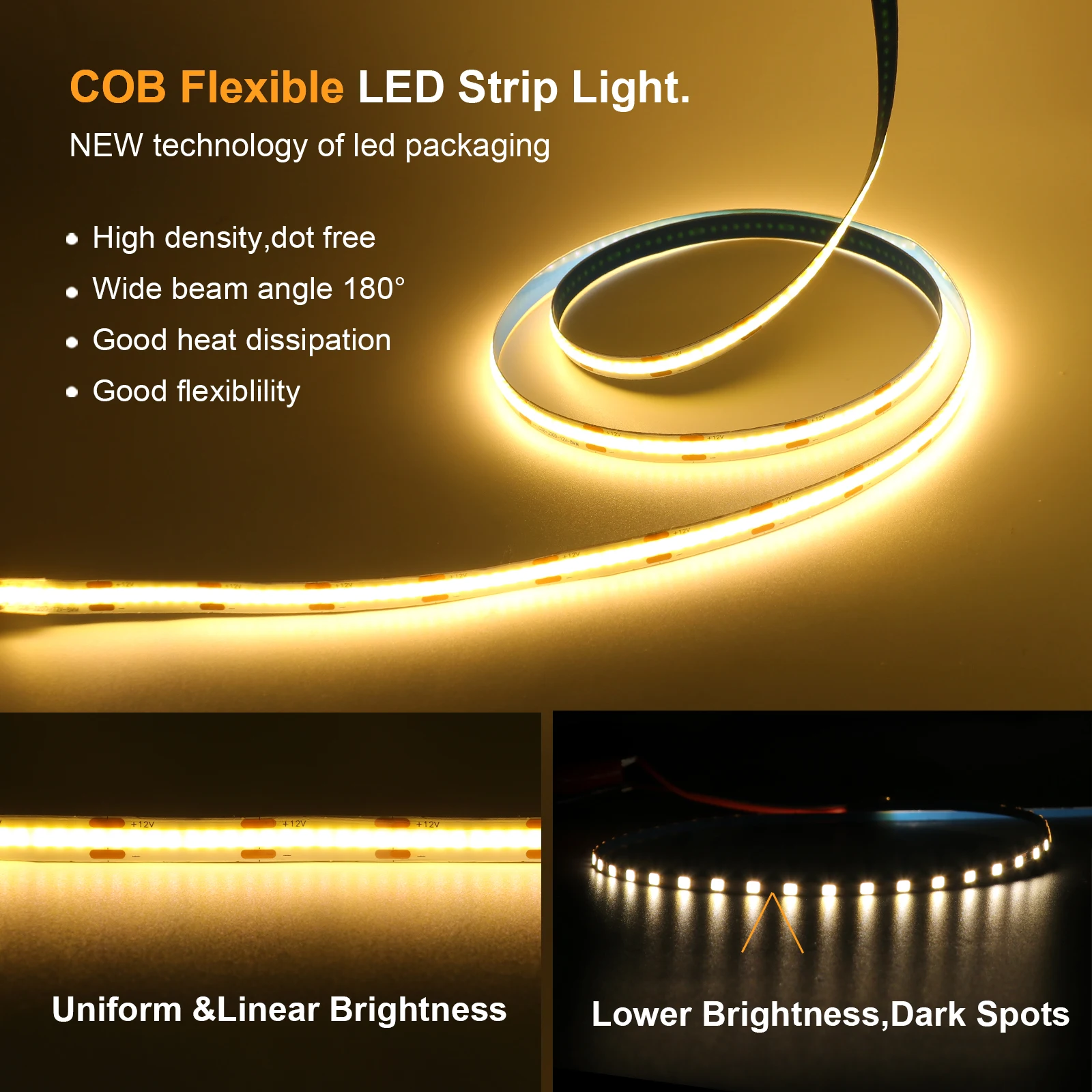 DC 12V 24V COB Strip 320Leds/M High Density RA90 White Pink Yellow Ice Blue Red Green Flexible Ribbon Rope LED Light 4