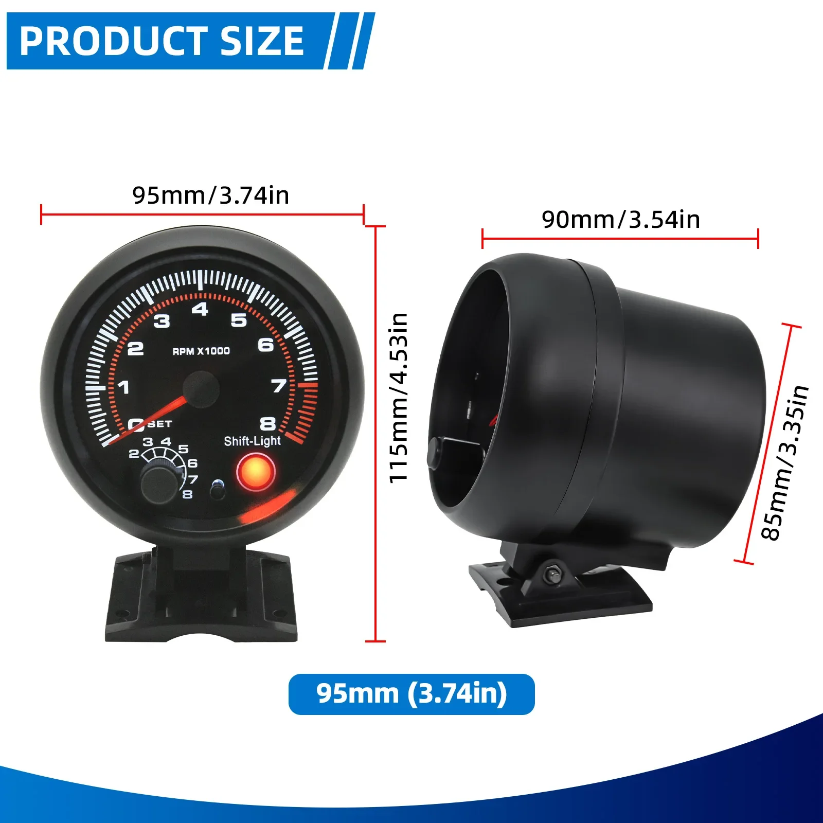 Tachometer Gauge Car Universal 0-8000 RPM With Shift light For 1-8 Cylinders 12V Racing