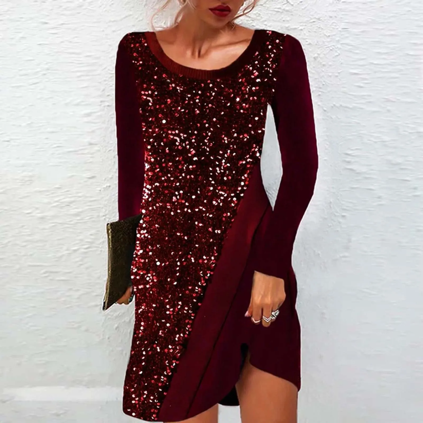 

Women's Elegant Sequin Patchwork Mini Dress Spring Summer O-Neck Long Sleeve A-Line Dress Female Solid Evening Party Dresses