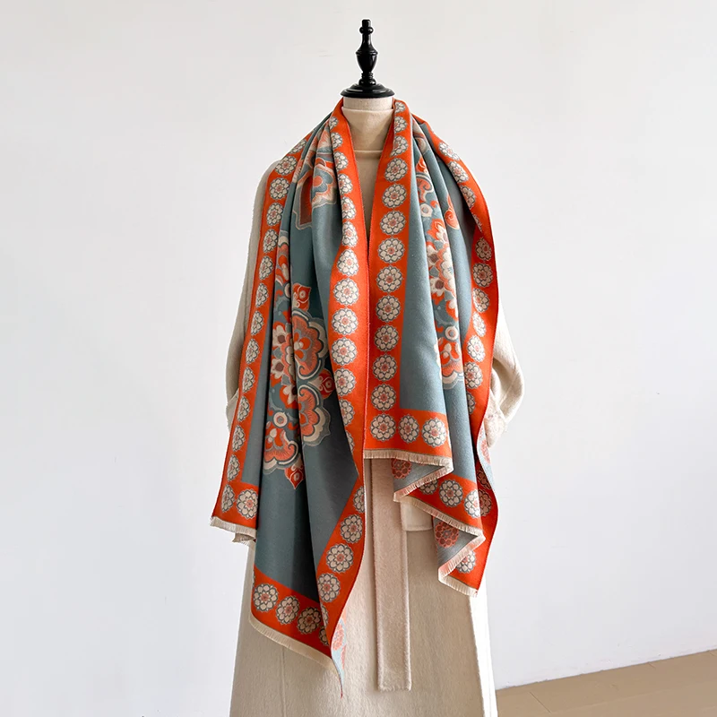 Elegant Plaid Design Scarf Imitation Cashmere Soft Warm Versatile Shawl Coldproof Windproof Blanket Scarf for Autumn Winter