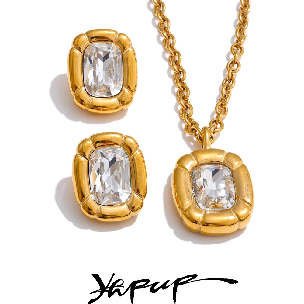 Yhpup Shiny Cubic Zirconia Rectangle Pendant Necklace Earrings