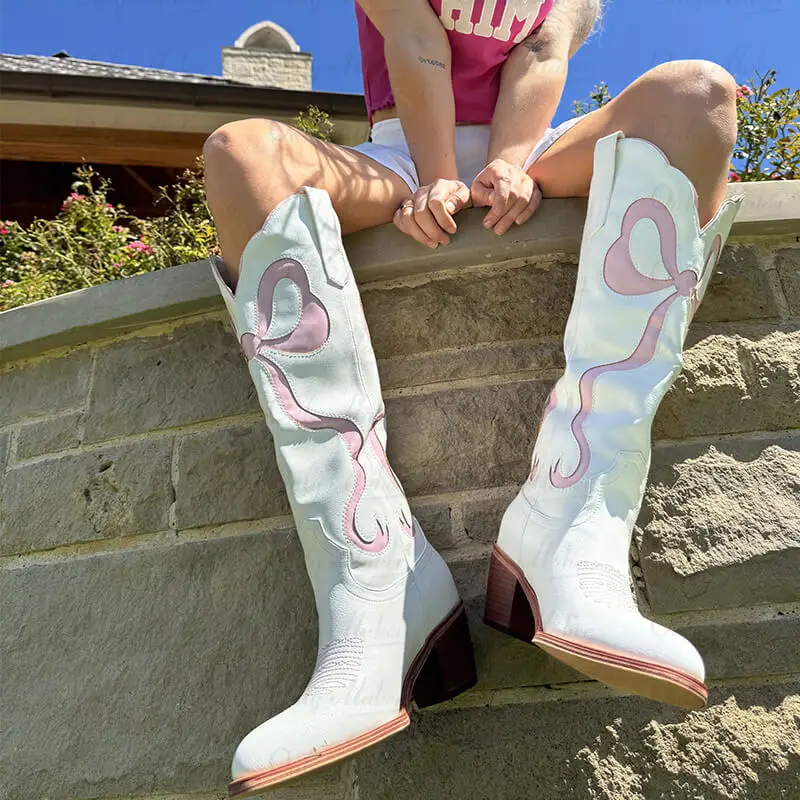 Onlymaker Women Pink Pull-on Knee High Cowgirl Boots with