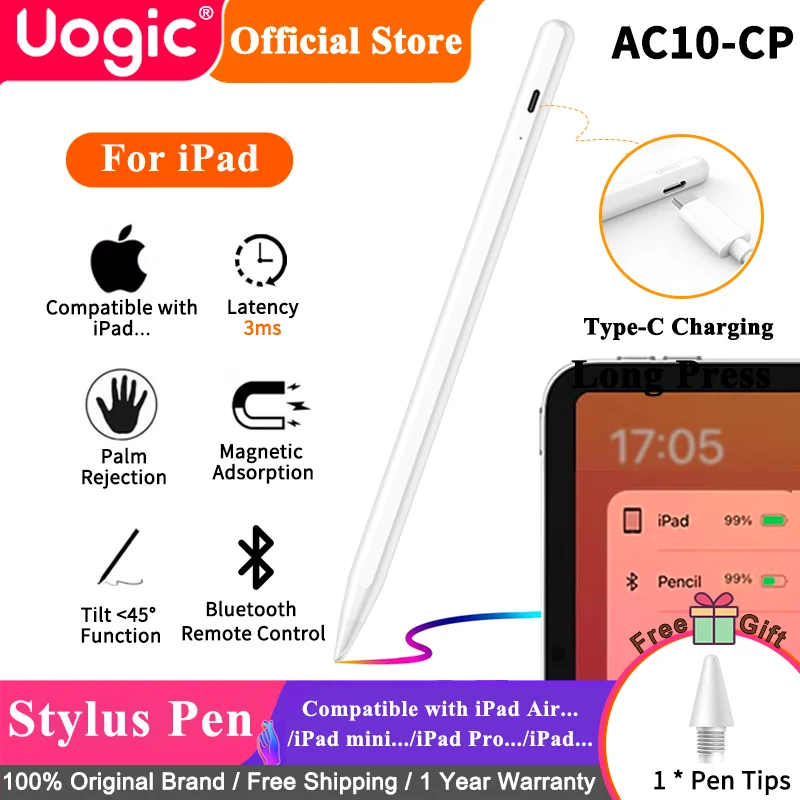 

Uogic Stylus Pen for iPad, Camera Shutter Remote Control, Battery Level Display, Palm Rejection, Compatible with iPad Pro/mini