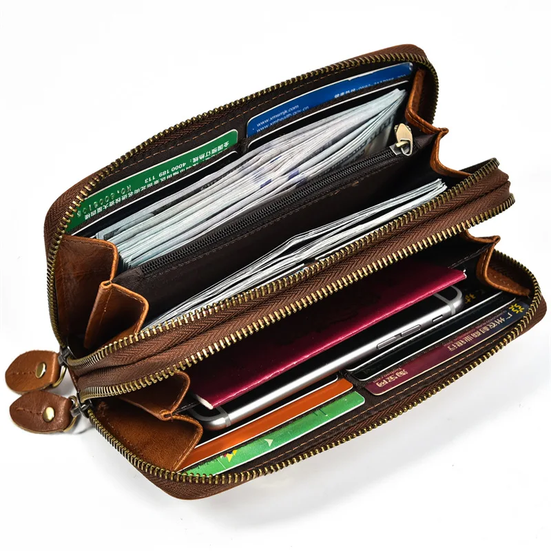 Luxury Brand Crazy Horse Leather Zipper Long Wallet Men's Clutch Double-layered Cash Card Holder