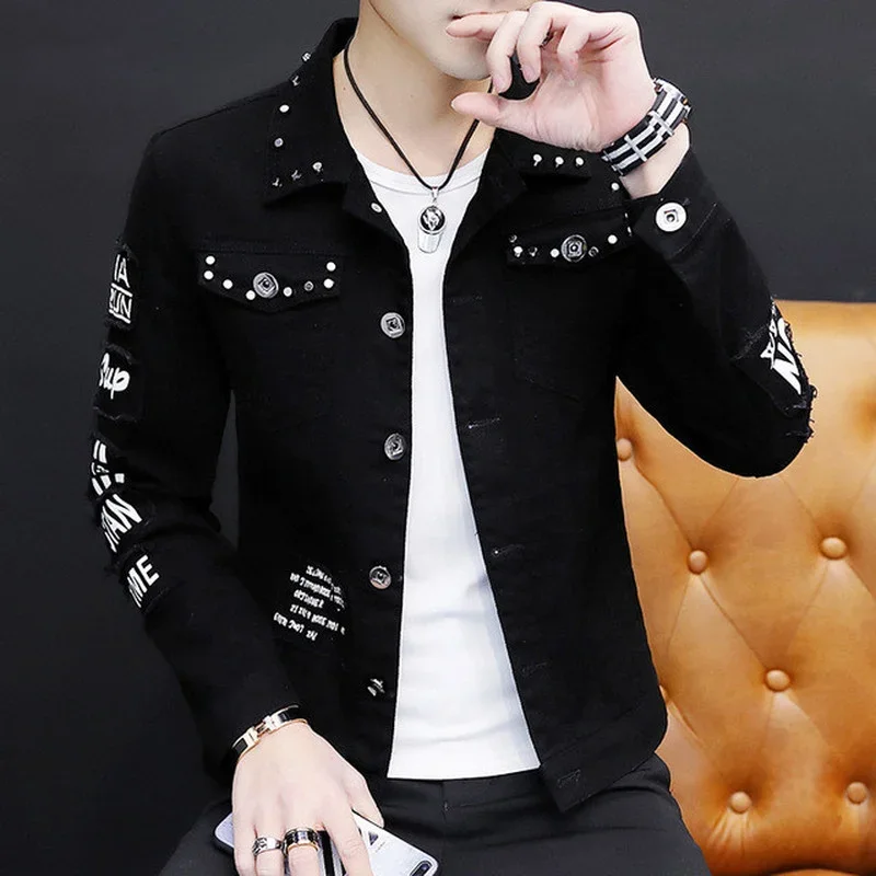 Hole Denim Jacket Spring Autumn 2024 Summer New Harajuku Coat Men's Korean Fashion Rivet Jackets Men Motorcycle Casual Overcaot