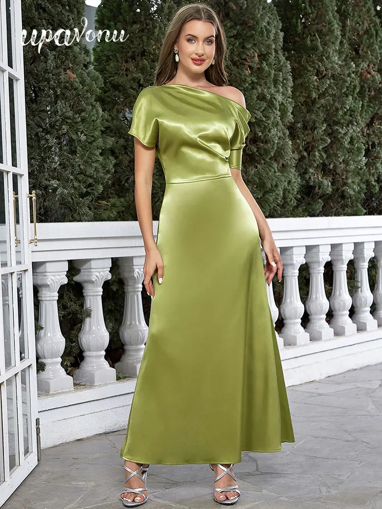 

Sexy Women Satin Maxi Dress Diagonal Neck Short Sleeve Bodycon A Thread Long Dress Celebrity Cocktail Evening Club Party Vestido