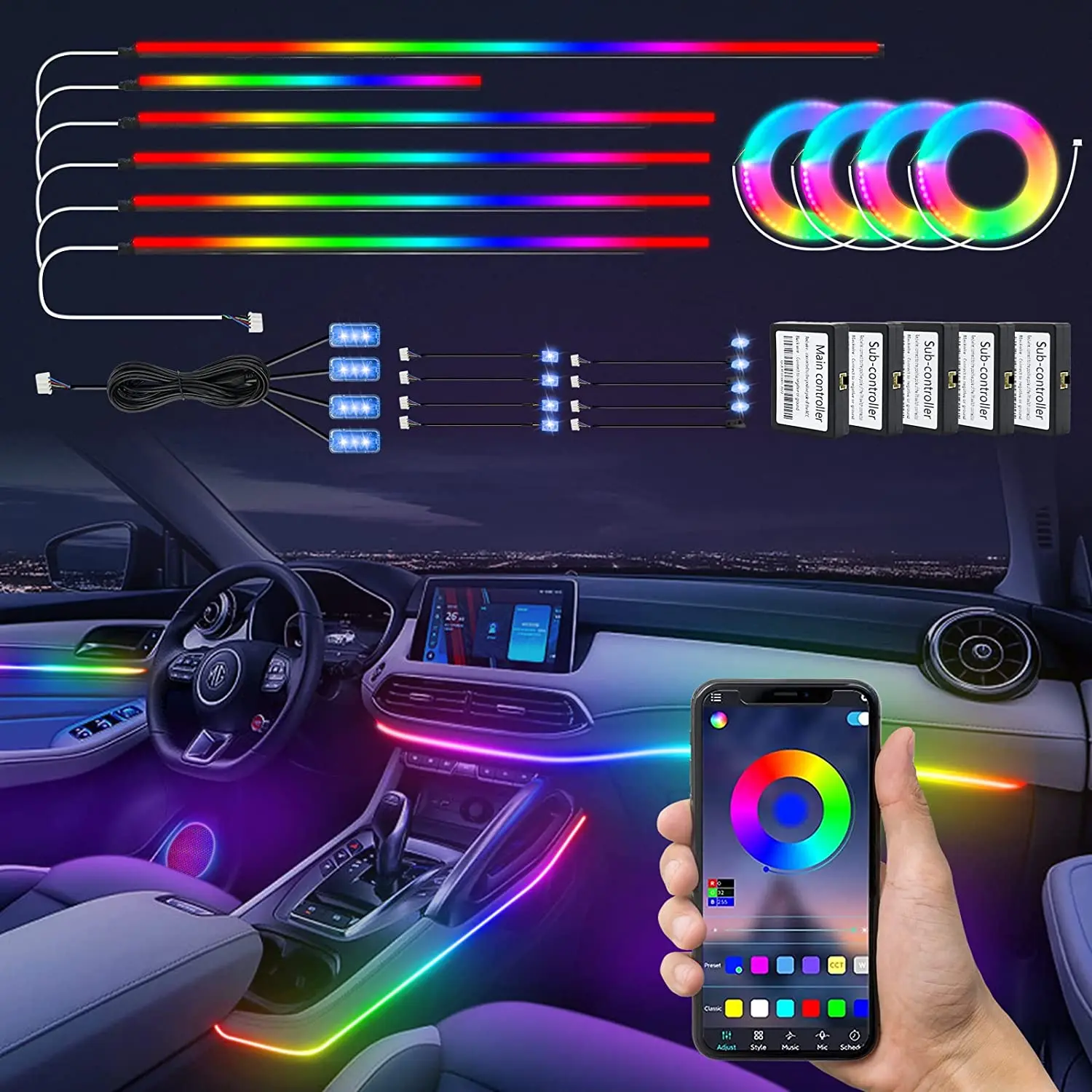 18/22 In 1 Car Ambient Light RGB Dual Zone 213 Color Car Interior