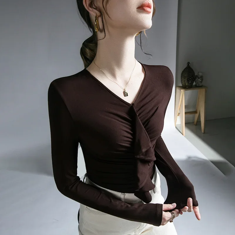 

High Quality 2024 Women Tops Falbala Elastic Force T-shirt Female Clothing Winter Autumn Sexy Crop Top Clothes Casual Blouse Y2k