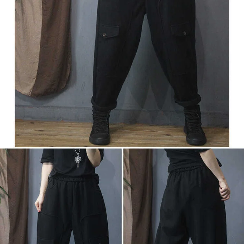 Women's Autumn Winter New High Waist Elastic Sports Pants Commuter Fashion Pocket Button Splicing Fleece Versatile Casual Pants