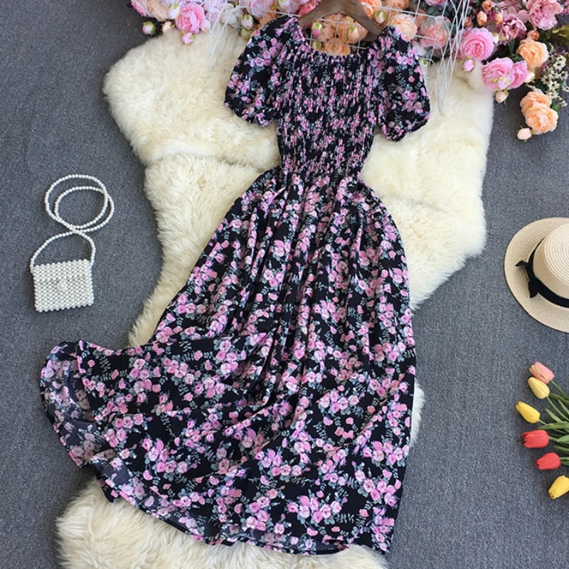 867959-6ab214.jpg 2026 New Fashion Summer Flower Print Long Dress Women Vintage Slash Neck Ruched Chest A Line Sundress Party Vestidos - Image 1