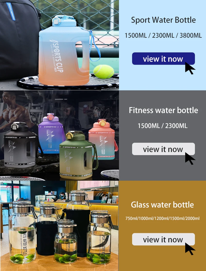 YCALLEY Sport 2l Water Bottle Reminder Silicone Sith Straw Waterbottle  Fitness Big Bottles 1500ML / 2300ML / 3800ML 2 liter