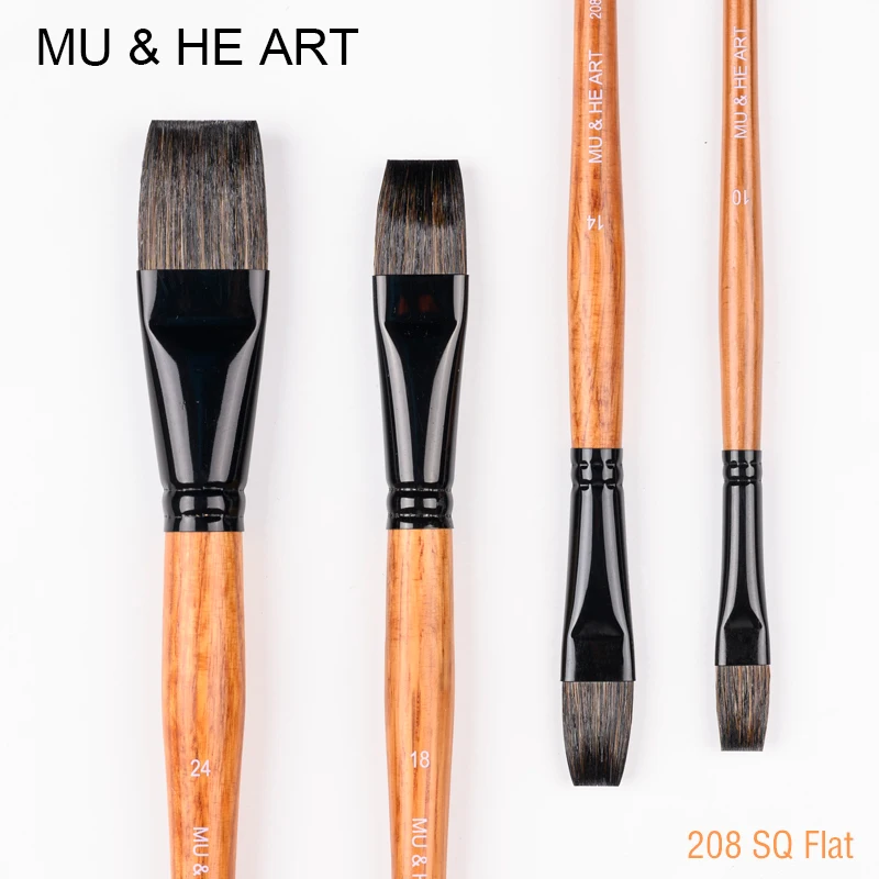 Squirrel Hair Mixed Flat Head Brushes Oak Wood Handle Artist Watercolor