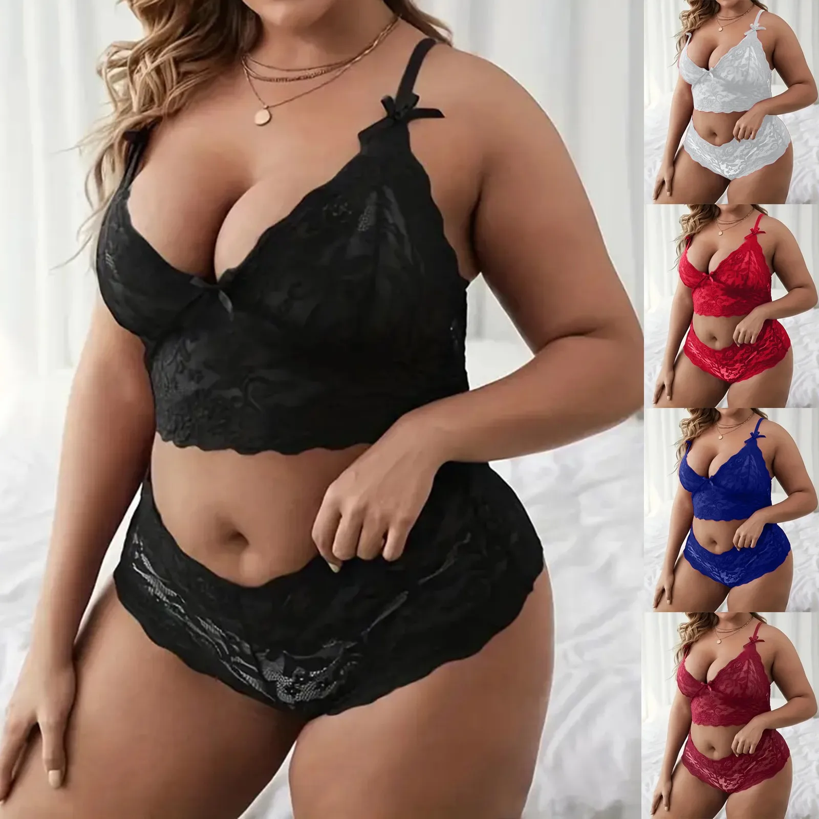Plus Size Sexy Lingerie Underwear Set Women Transparent Lace Bra Set 2024 Vest Camisole Crop Top Panties Outfits Shorts Sleepwear | Pandora's Cl:ozet