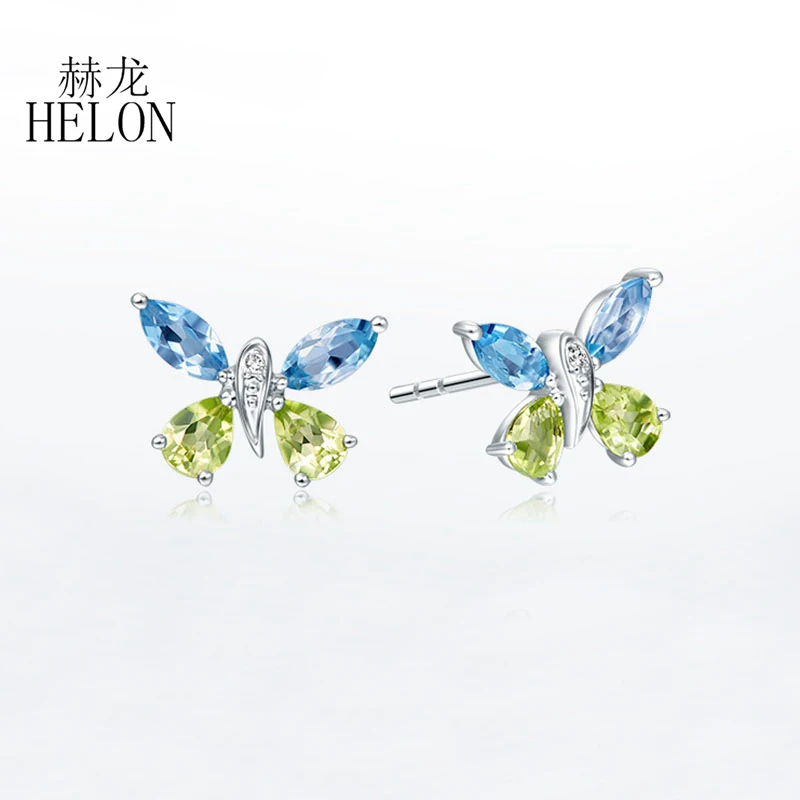 

HELON Genuine Blue Topaz Peridot Stud Earrings Solid 18k 14K 10K White Gold Natural Diamonds Women Earrings Butterfly Jewelry