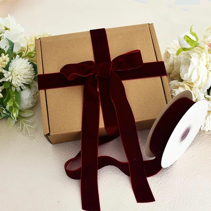 Ribbon decoration velvet ribbon Wine red single-sided velvet ribbon swan flocking weave belt DIY handmade bow flower bouquet packaging gift baking accessory