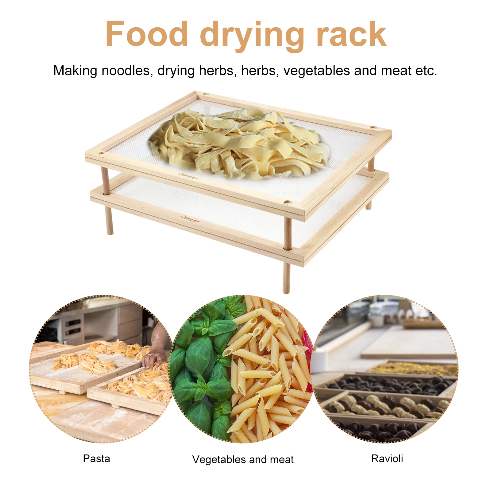 Wooden Pasta Drying Rack Reusable Multipurpose Fresh Food Dryers Stackable Chili Air Drying Stand Noodle Tray with Net