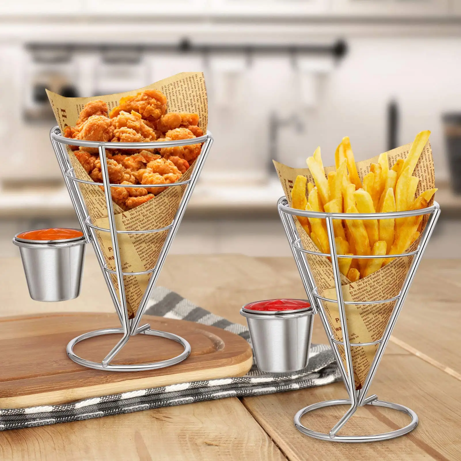 

2 PCS French Fries Stand Cone Basket French Fry Chips Cone Metal Wire Rack With Sauce Cup For Home Parties Picnics Appetizers