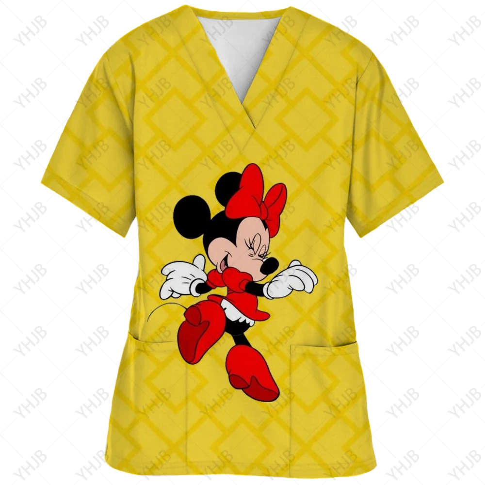 thumbnail image 1 of Uniforme de enfermera de verano con estampado de Mickey Mouse de Disney, ropa de trabajo para dentistas, salones de belleza y tiendas de mascotas, camisetas con cuello en V y bolsillos, 1 of 5