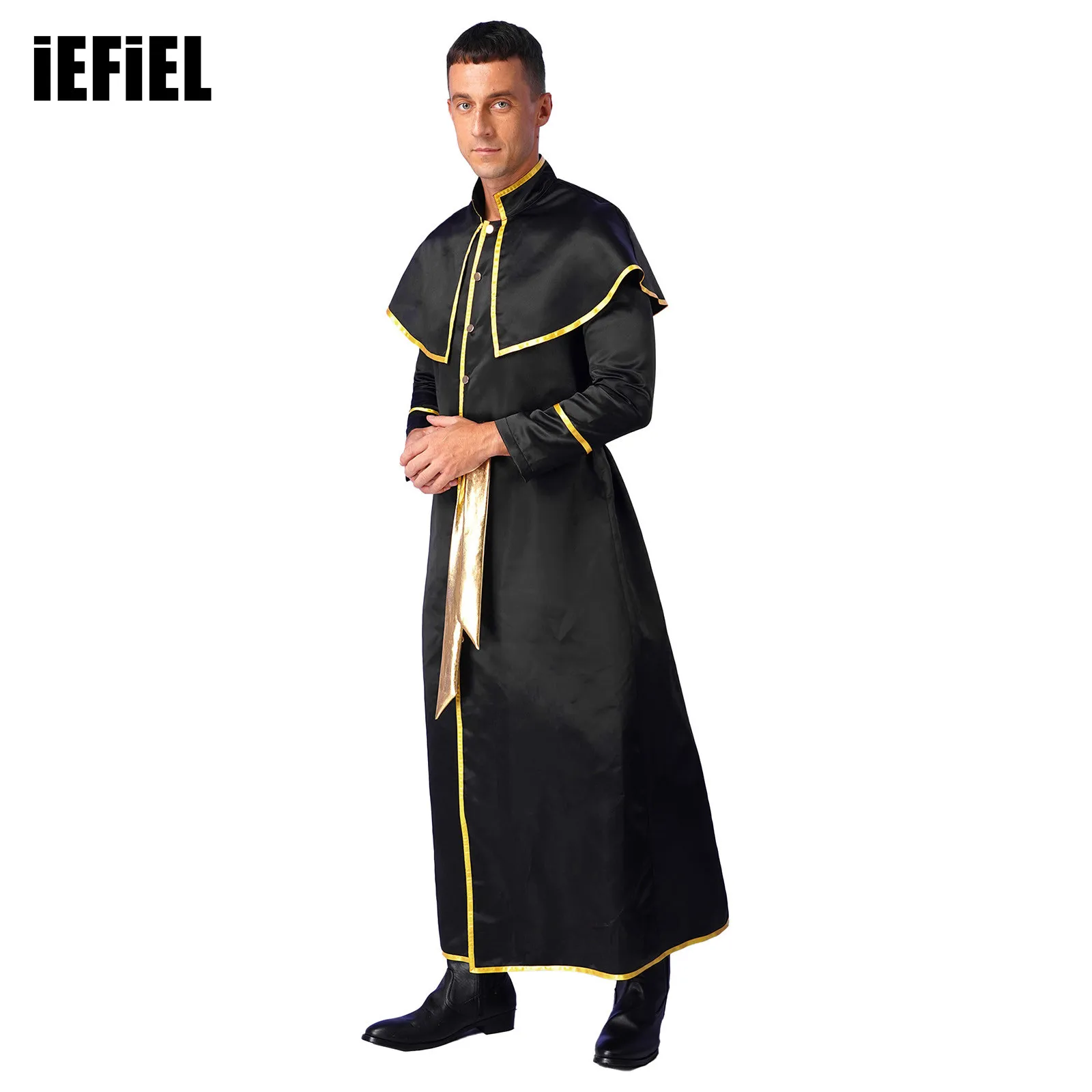 

Mens Halloween Costumes Priest Robe Stand Collar Long Sleeve Integrated Cape Robe with Belt Catholic Clergyman Dress Up