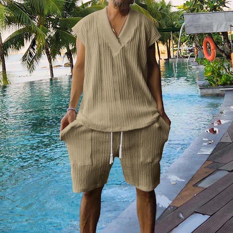 2024 Summer New Men's Set Quality Jacquard Knit Casual Sleeveless V-neck Vest Top Shorts Two-piece Men's Clothing Free Shipping Sf804788961174dddac0180272a780c6dF