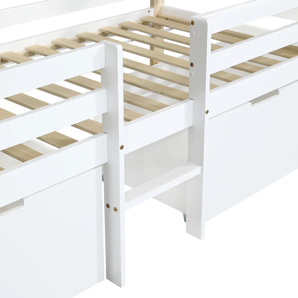 PINGGO Kinderbett Halbhohes Hausbett mit Dach 4-Seitiger Zaun Treppe 2 Rollbare Schränke Kiefer MDF Weiß Natur 90x200cm Ohne Matratze – Detail 20